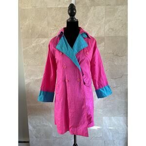 VTG 80s Windbreaker Double-Breasted Peacoat Jacket Small Magenta Turquoise